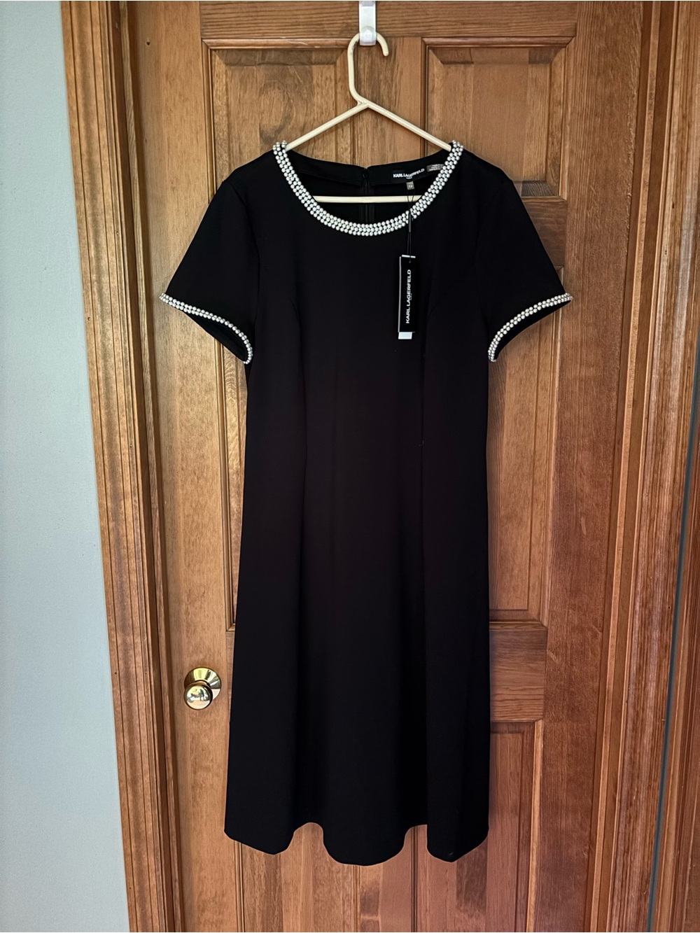 Karl Lagerfeld Black Short-Sleeve Dress with Pearl Trim